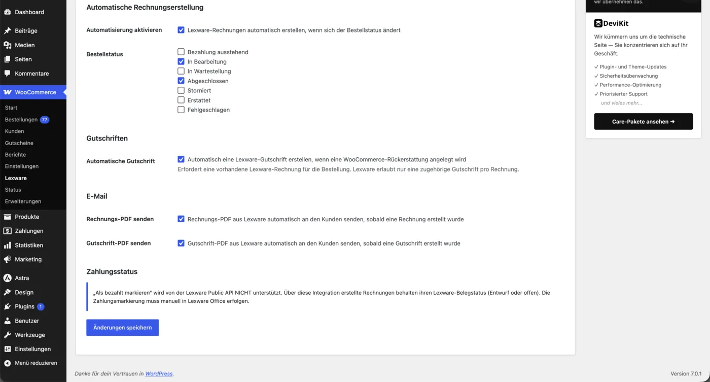 Tab Automatisierung: automatische Rechnungserstellung nach Bestellstatus, automatische Gutschriften und PDF-Versand per E-Mail