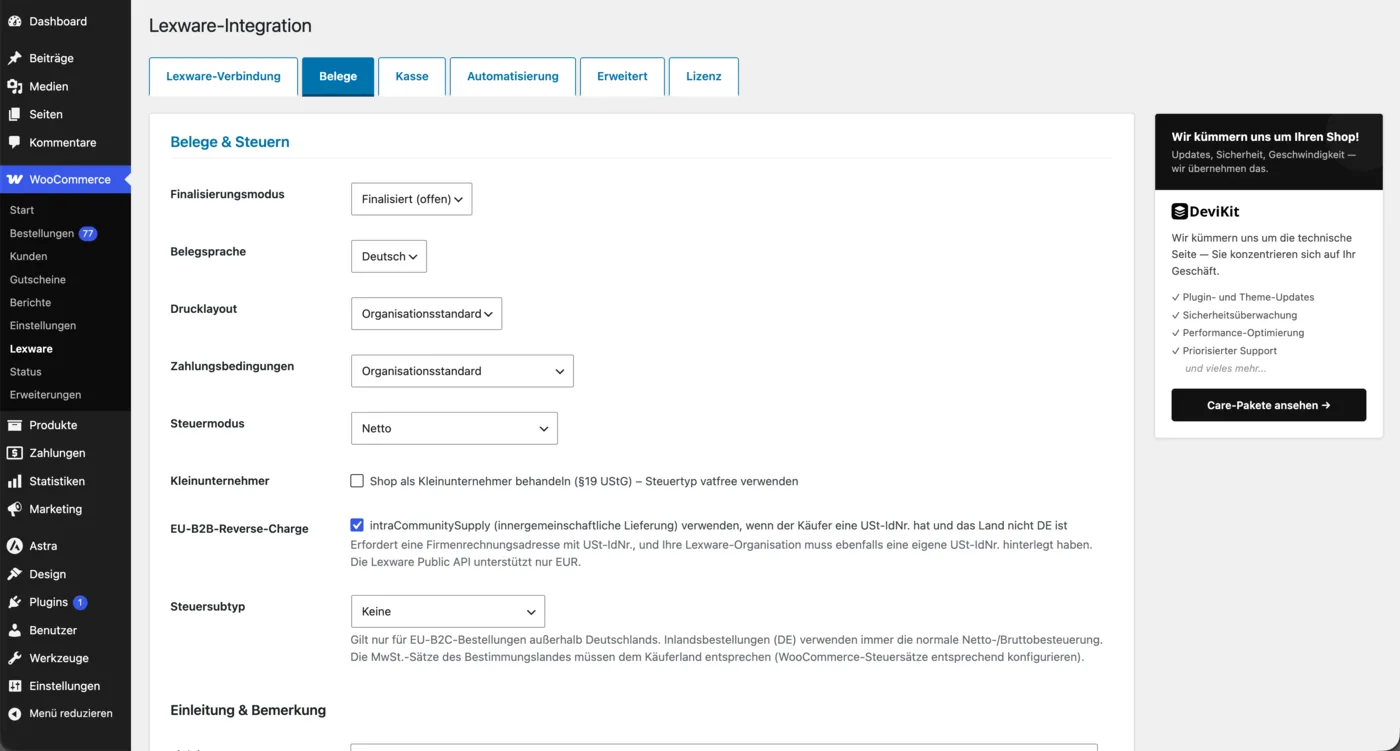 Tab Belege: Finalisierungsmodus, Belegsprache, Drucklayout, Zahlungsbedingungen, Steuermodus, Kleinunternehmer und EU-B2B-Reverse-Charge