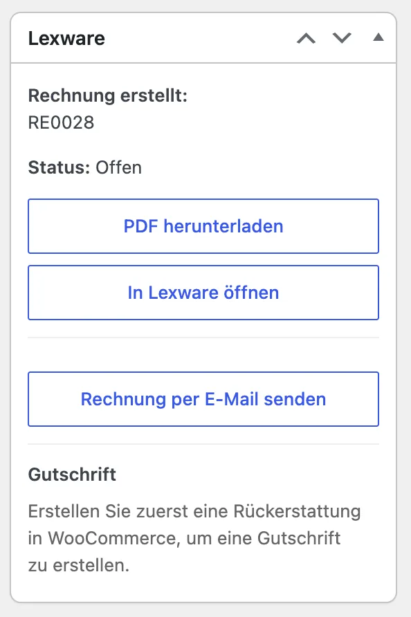 Box Lexware in der Bestellung nach der Rechnungserstellung mit Rechnungsnummer, Status und Schaltflächen für PDF, Lexware und E-Mail