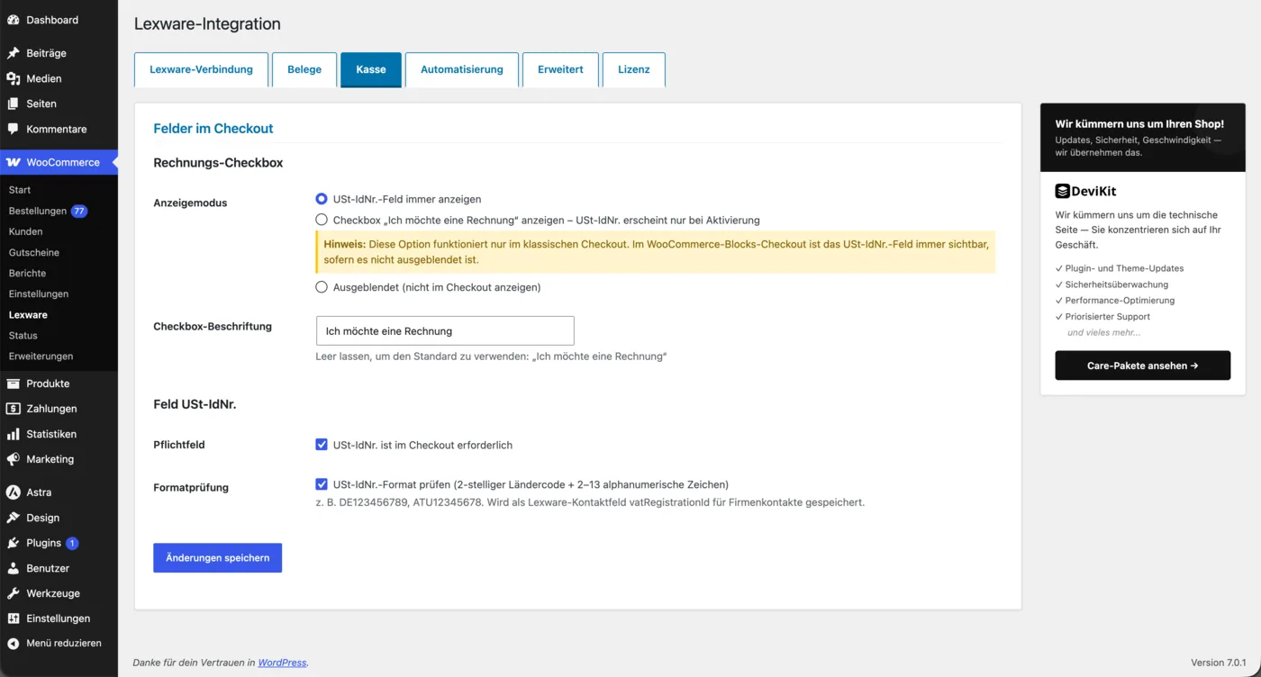 Tab Kasse: Anzeigemodus des USt-IdNr.-Felds, Checkbox-Beschriftung, Pflichtfeld und Formatprüfung